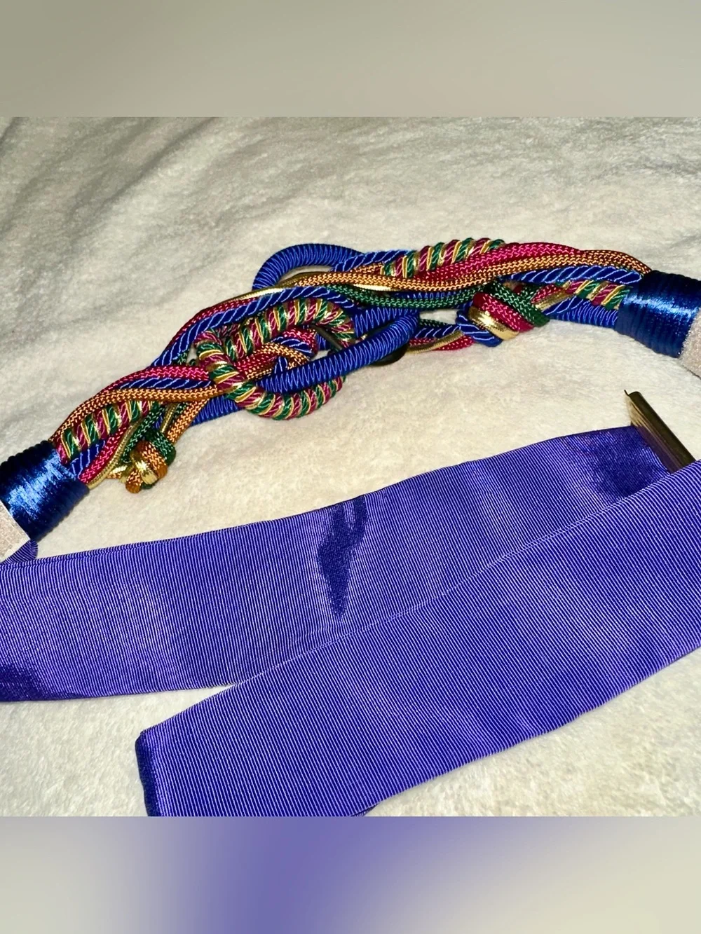 Vintage 80s Braided Rope Belt Royal Blue Gold Adjustable Waist Cinch Belt